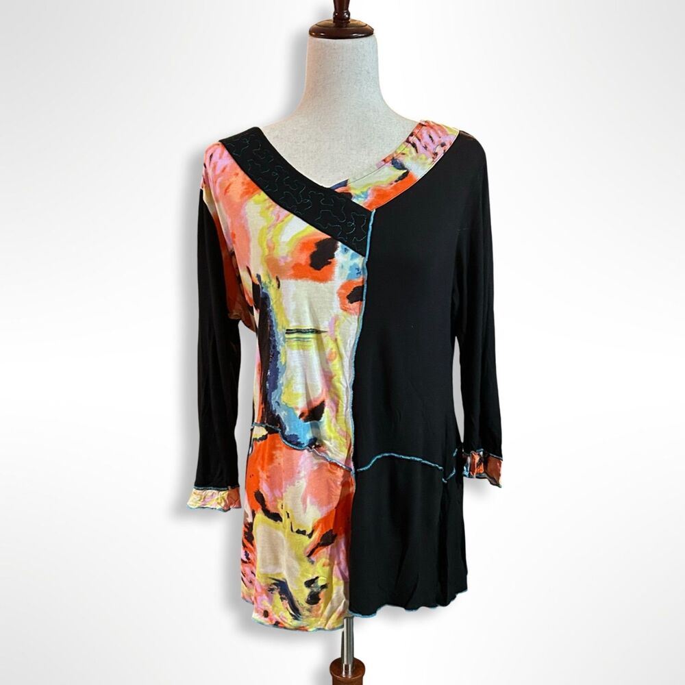 Parsley & Sage, Patchwork, Mixed Fabric, Abstract Eclectic Art Tunic Blouse, L